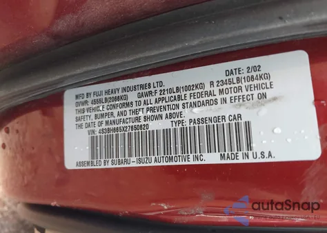 2002 Subaru Outback z USA, uszkodzony, nr VIN 4S3BH665X27650620